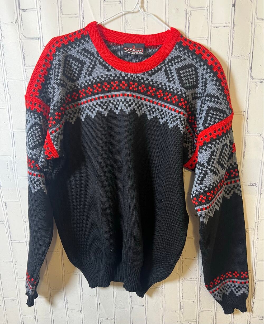 Vintage Demetre Men’s XL Pure Virgin Wool Ski Sweater Nordic Fair Isle Black Red